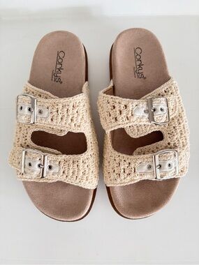 Corkys Dash Crochet Double-Buckle Slide Sandals - Cream